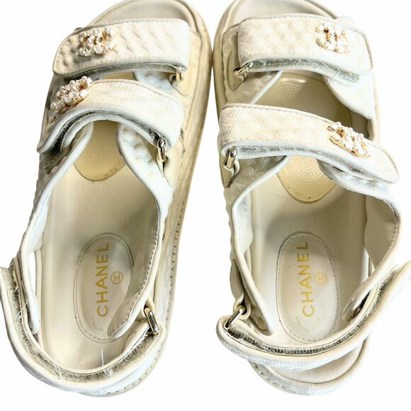 CHANEL Slide Women 40C Ivory Knit Interlocking CC Logo Mule Strap Flat Dad Teva - Picture 6 of 9